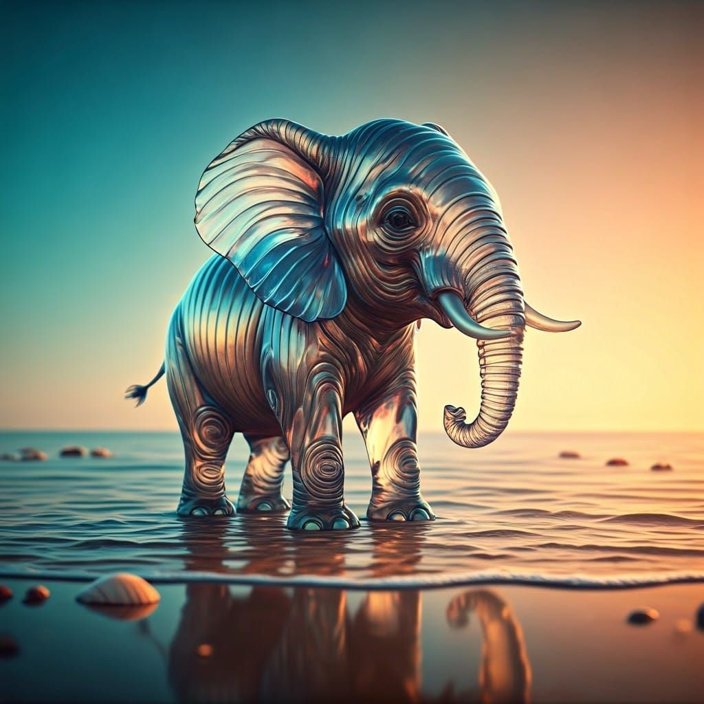 Glass Elephant Plays on Beach: 3D Rendered Art