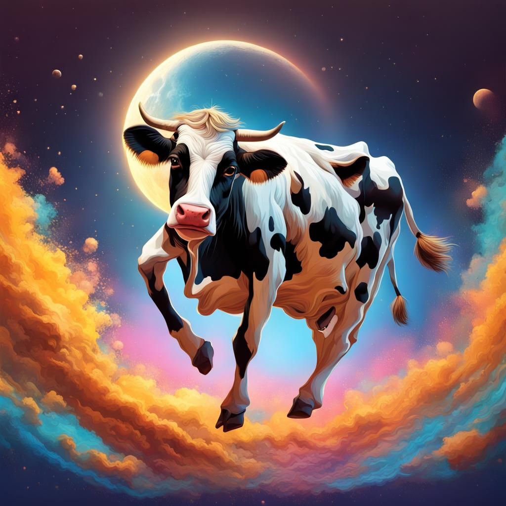Hyperrealistic Cow Jumps Over the Moon