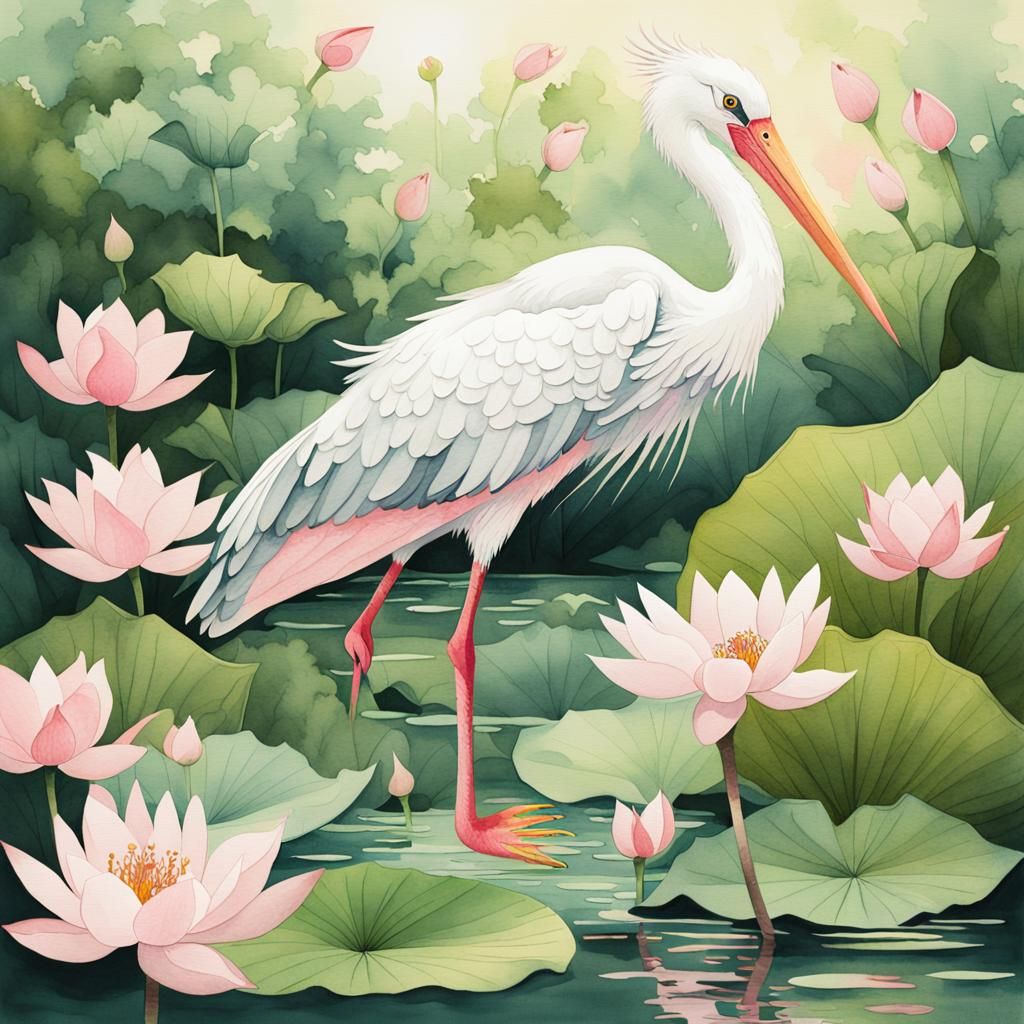 White Stork on Lotus Leaves: Watercolor Art