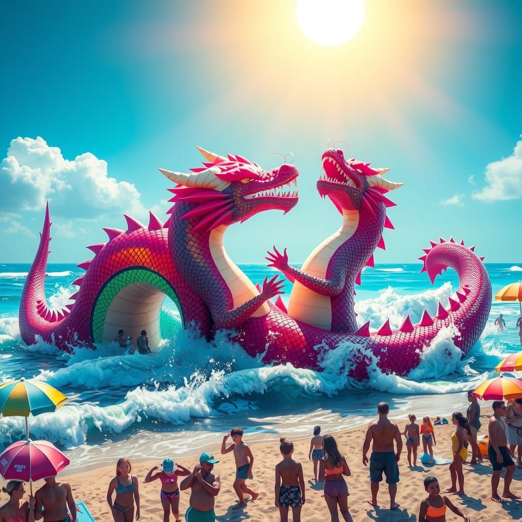Colossal Chubby Dragons Playfully Wrestle in Turquoise Sea