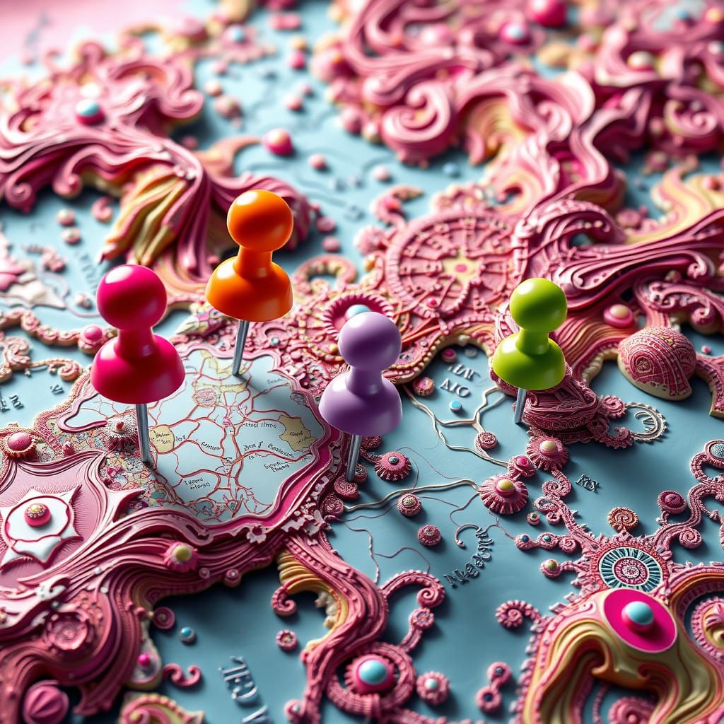 Colorful Map with Pins and Abstract Fractal Background