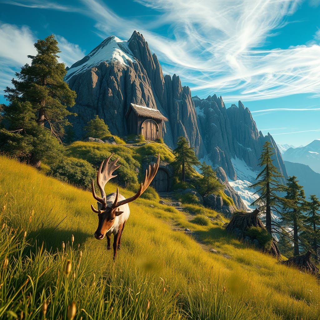 Fantasy Reindeer Ascends to Mystical Hobbit Hut