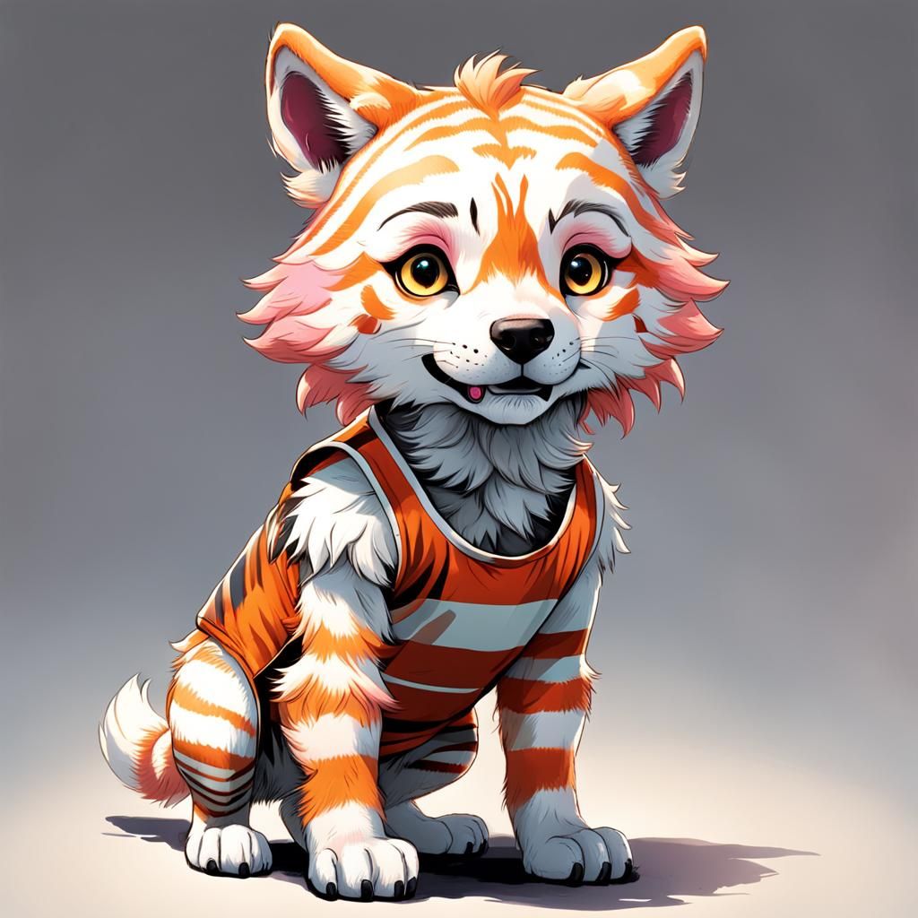 Anthropomorphic Wolf-Tiger Pup in Pink Dress