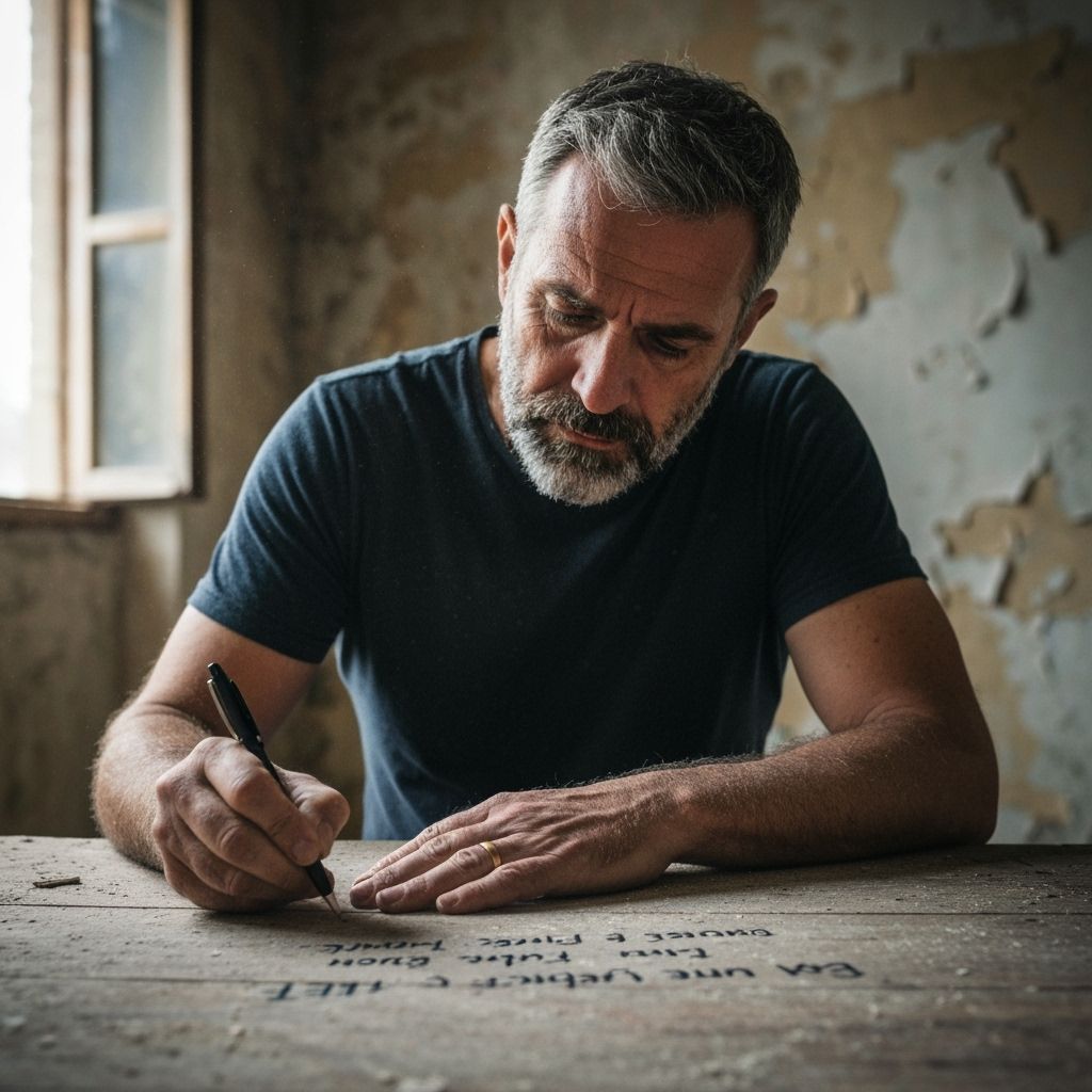 Man Writing Sad Words on Dusty Table