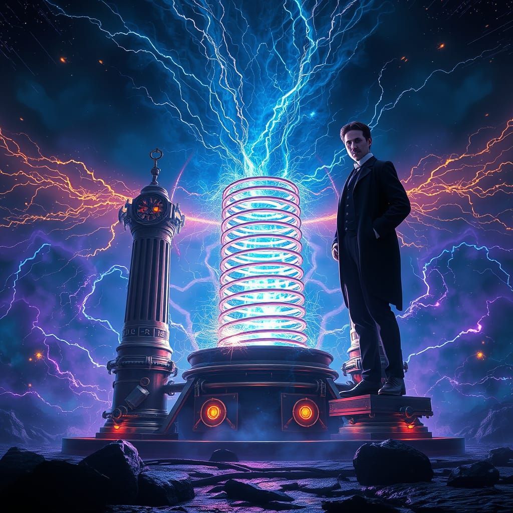 Nikola Tesla Amidst Electric Blue Vortex