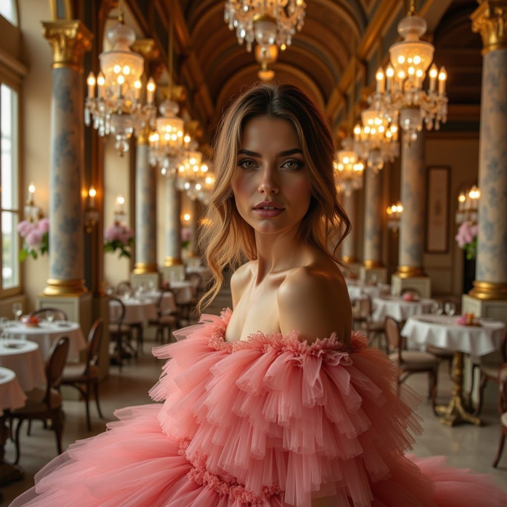 Elegant Woman Discovers Luxurious Hall in Rose Gown