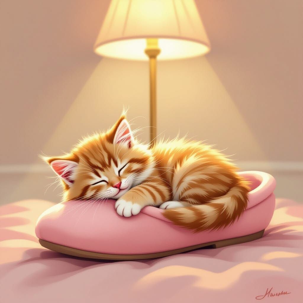 Cozy Ginger Kitten Napping in Pink Slipper