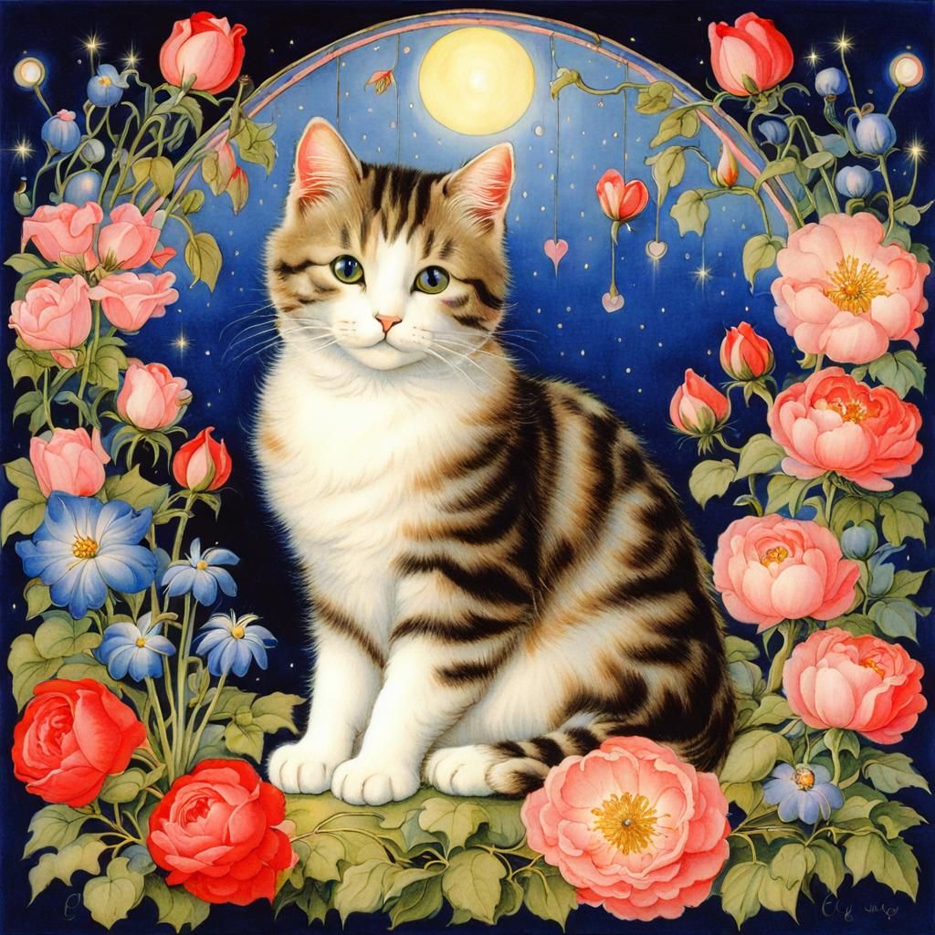 Cute Cat Surrounded by Flowers in Illuminated Style