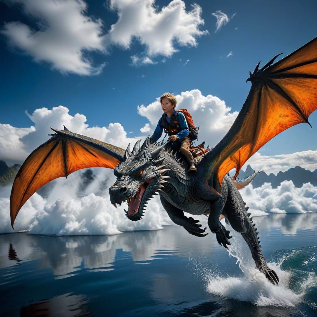 Young Boy Soars on Dragon's Back Above Clouds and Ocean