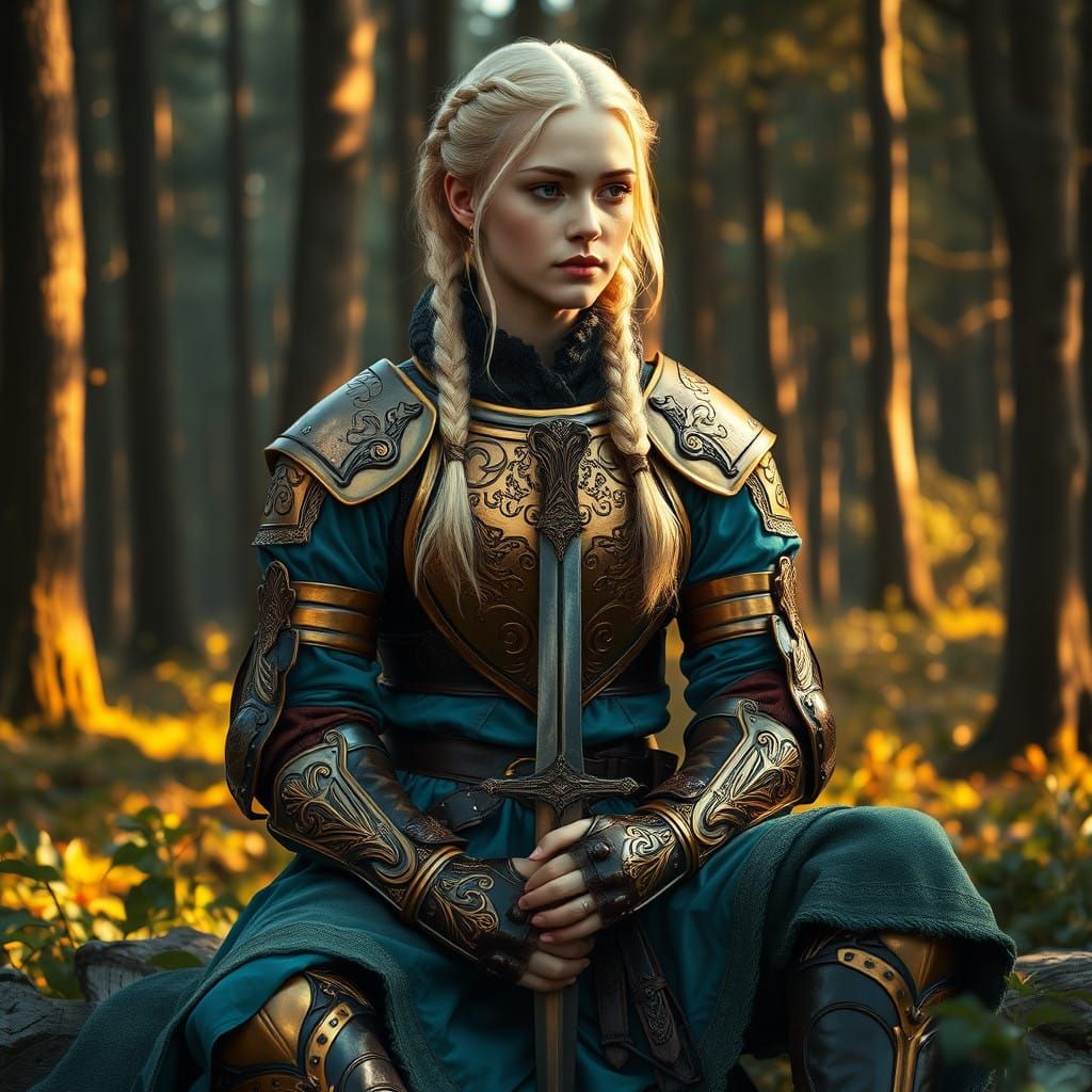 Medieval Maiden in Golden Armor Sits Serenely in Forest Glad...