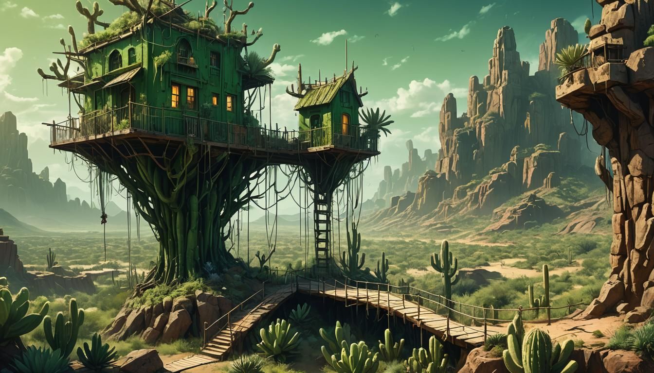 Cactus Treehouse Castle in Desert, Digital Matte Painting