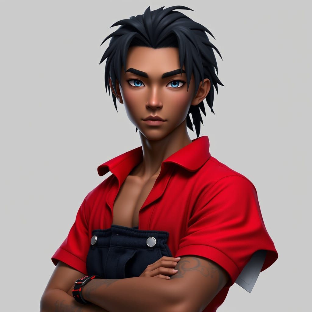 Confident Anime-Inspired Hero in Vibrant Red and Black