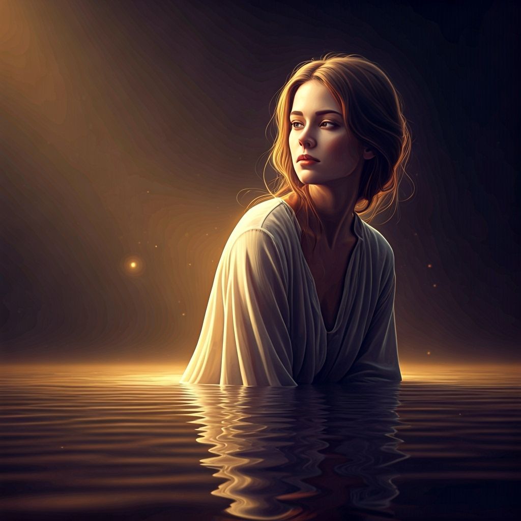 Contemplative Woman in Lake with Warm Lighting