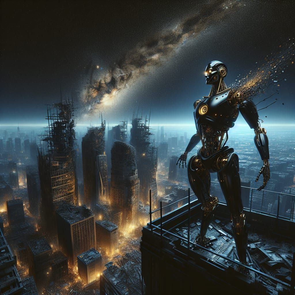 Android Sentinel Dominates Abandoned Metropolis in Starlit N...