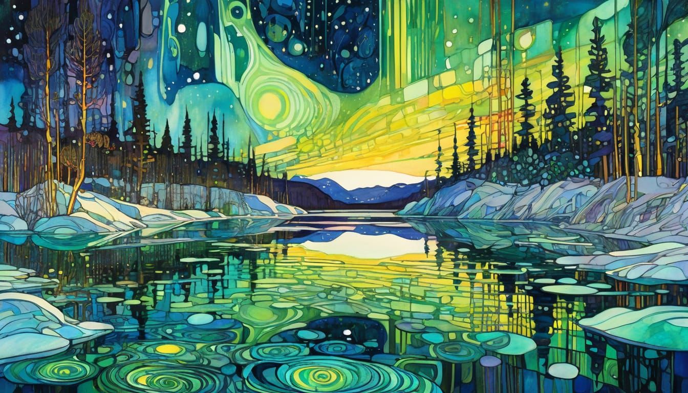 Neon Yellow & Green Aurora Borealis Over Arctic Lake