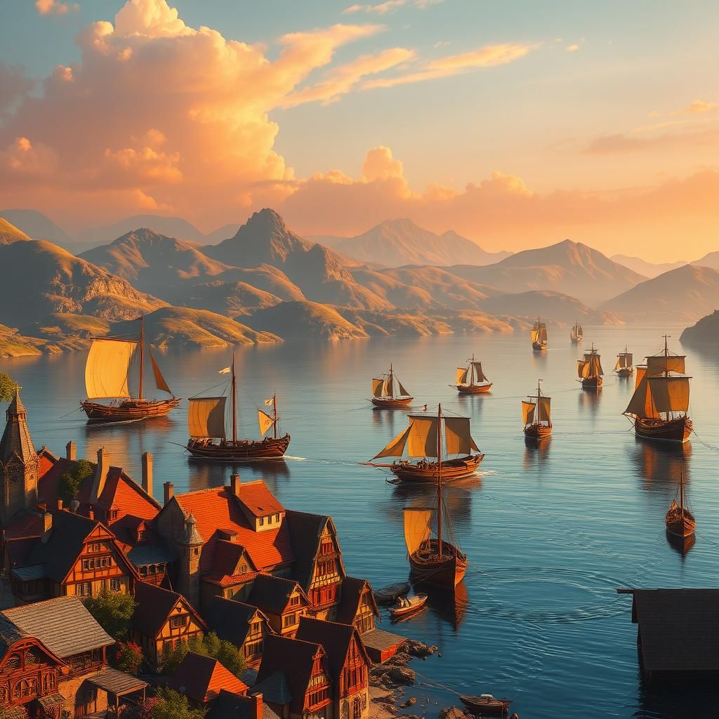 Lake Caladwyn Vista with Medieval Ships in Fantasy Style