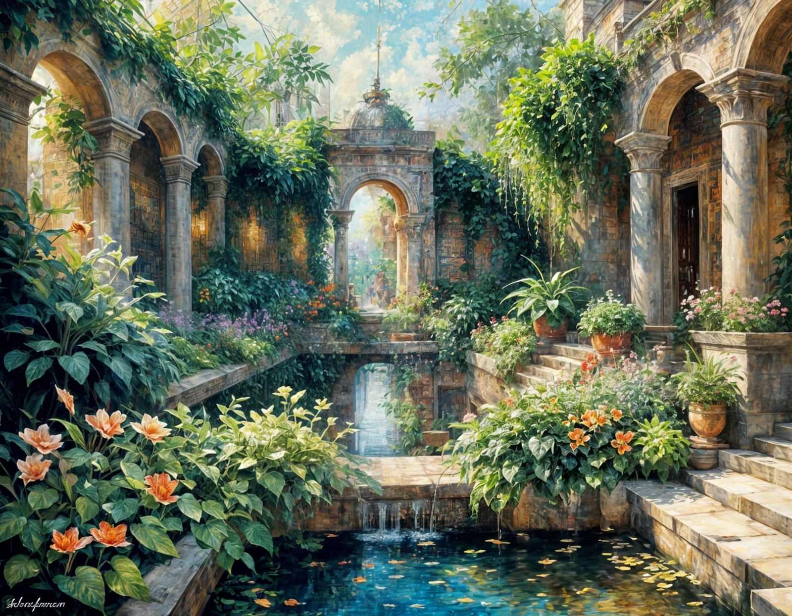 Impressionist Masterpiece of Lush Gardens and Koi Carp Pond