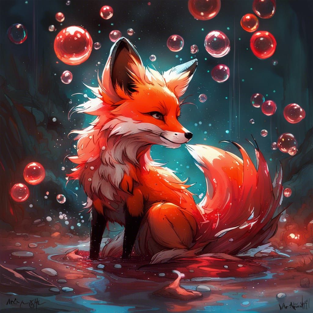 cute fox taking a magical bath in bioluminescent red glow fairy oasis, explosion of soap bubbles, detailed intricate fla...