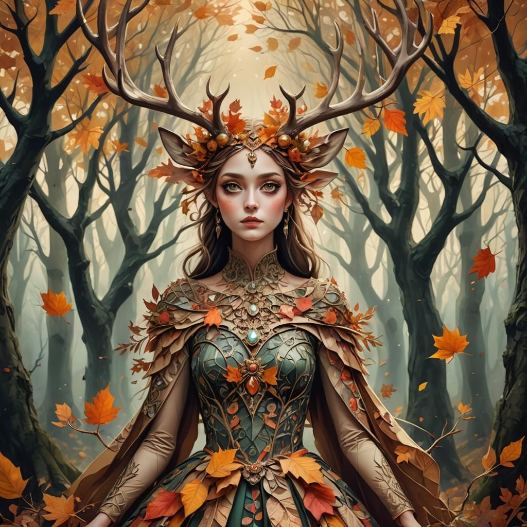 Autumn Woman with Antlers in Mystical Forest