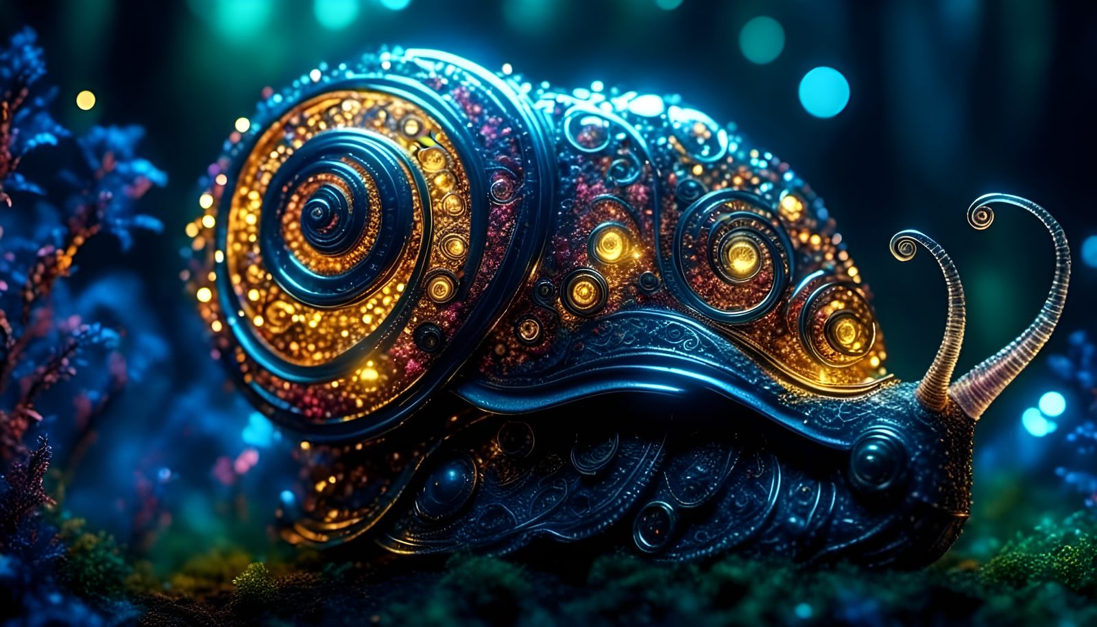 Cybernetic Bioluminescent Snail in Forest, Van Gogh Style
