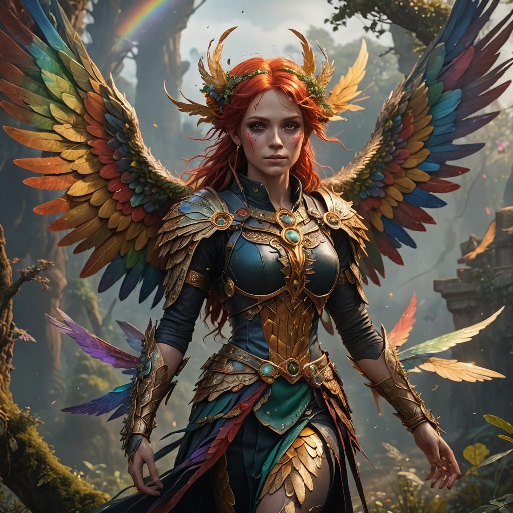 Fantastical Harpy with Rainbow Wings, Digital Art