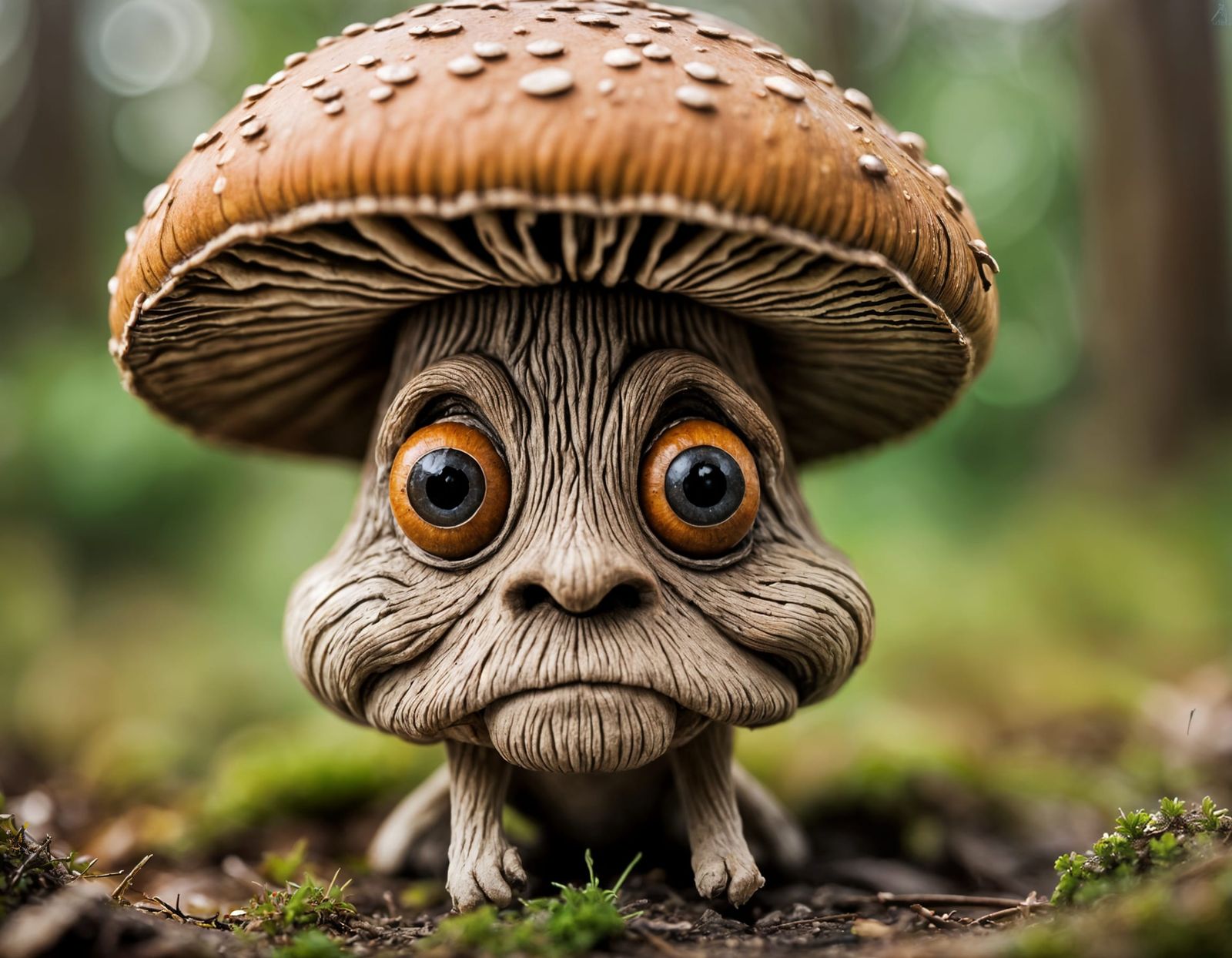 Old Mushroom Character Close-Up in Bokeh