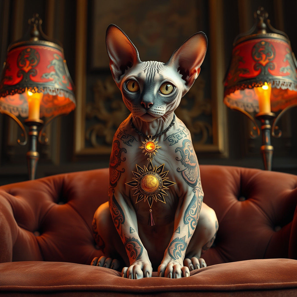 Mystical Sphynx Cat with Slavic Tattoos on Sofa