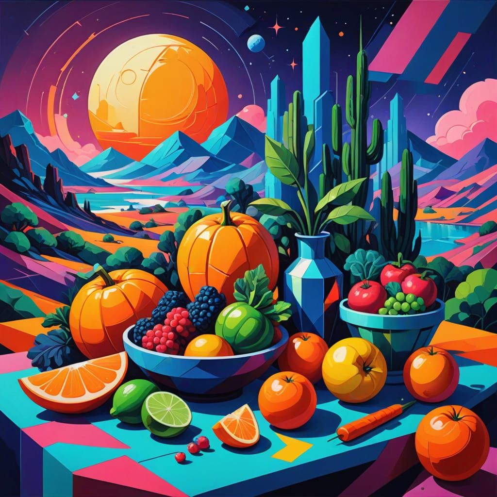 Cubist New Moon Still Life in Vibrant Geometric Shapes