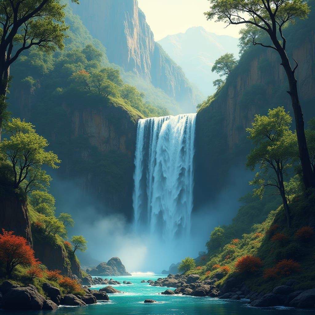 Majestic Waterfall Landscape in Matte Painting Style