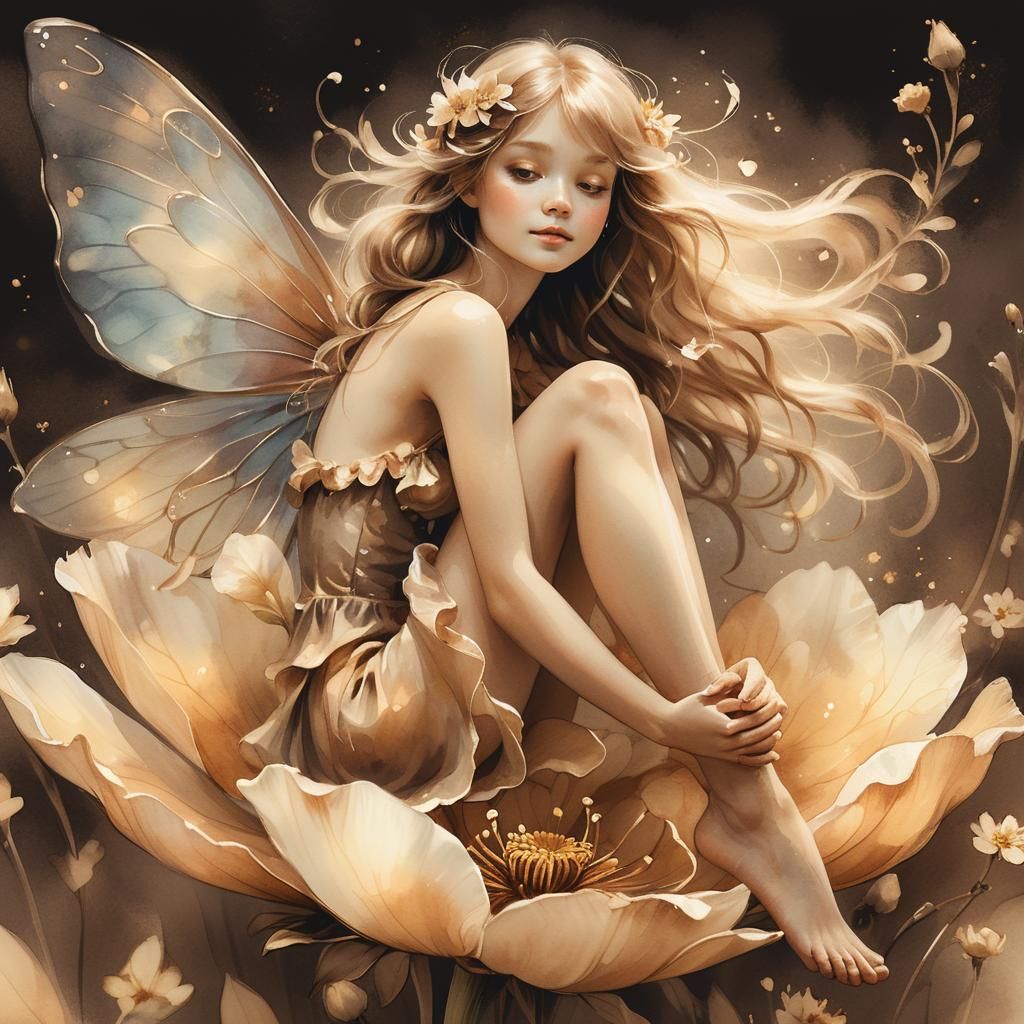 Ethereal Fairy on Sepia-Toned Blossom in Watercolor