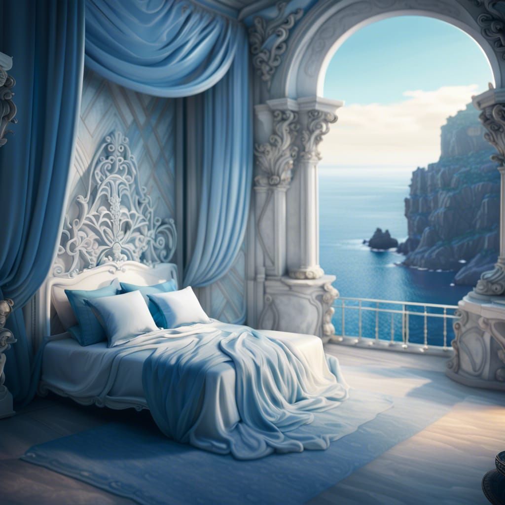 Cliffside Bed with Ocean View in Detailed Matte Painting