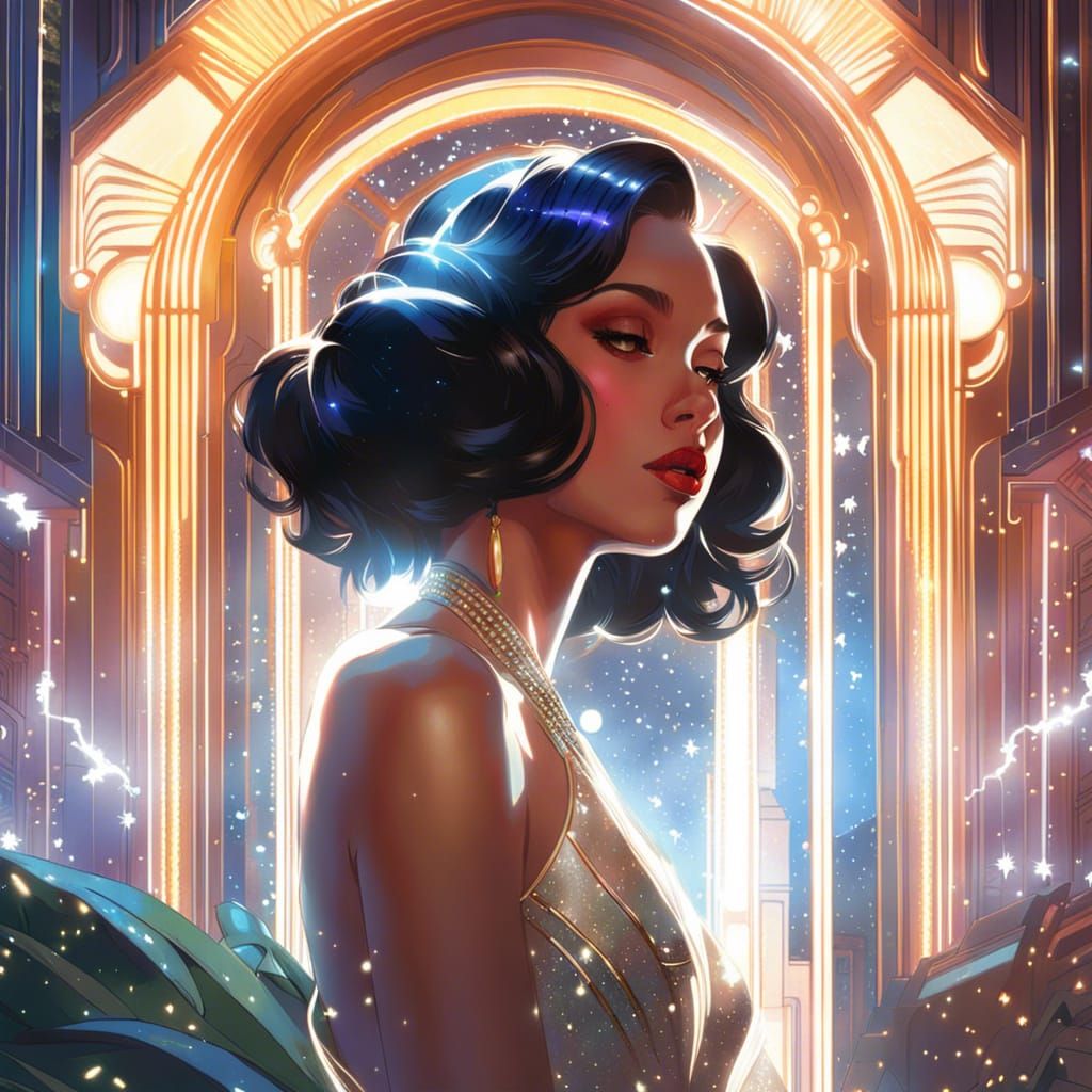 Art Deco Cityscape with Glowing Particles