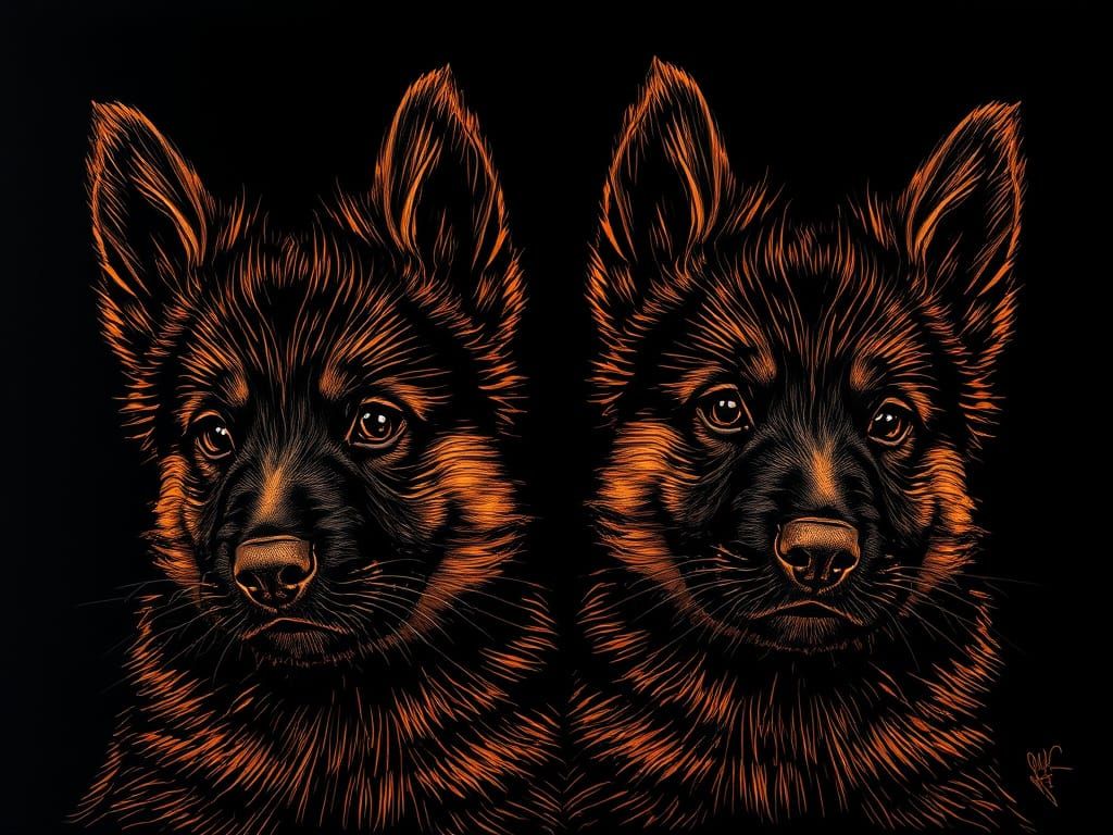 Cute German Shepherd Puppies in Intricate Copper Scratch Art