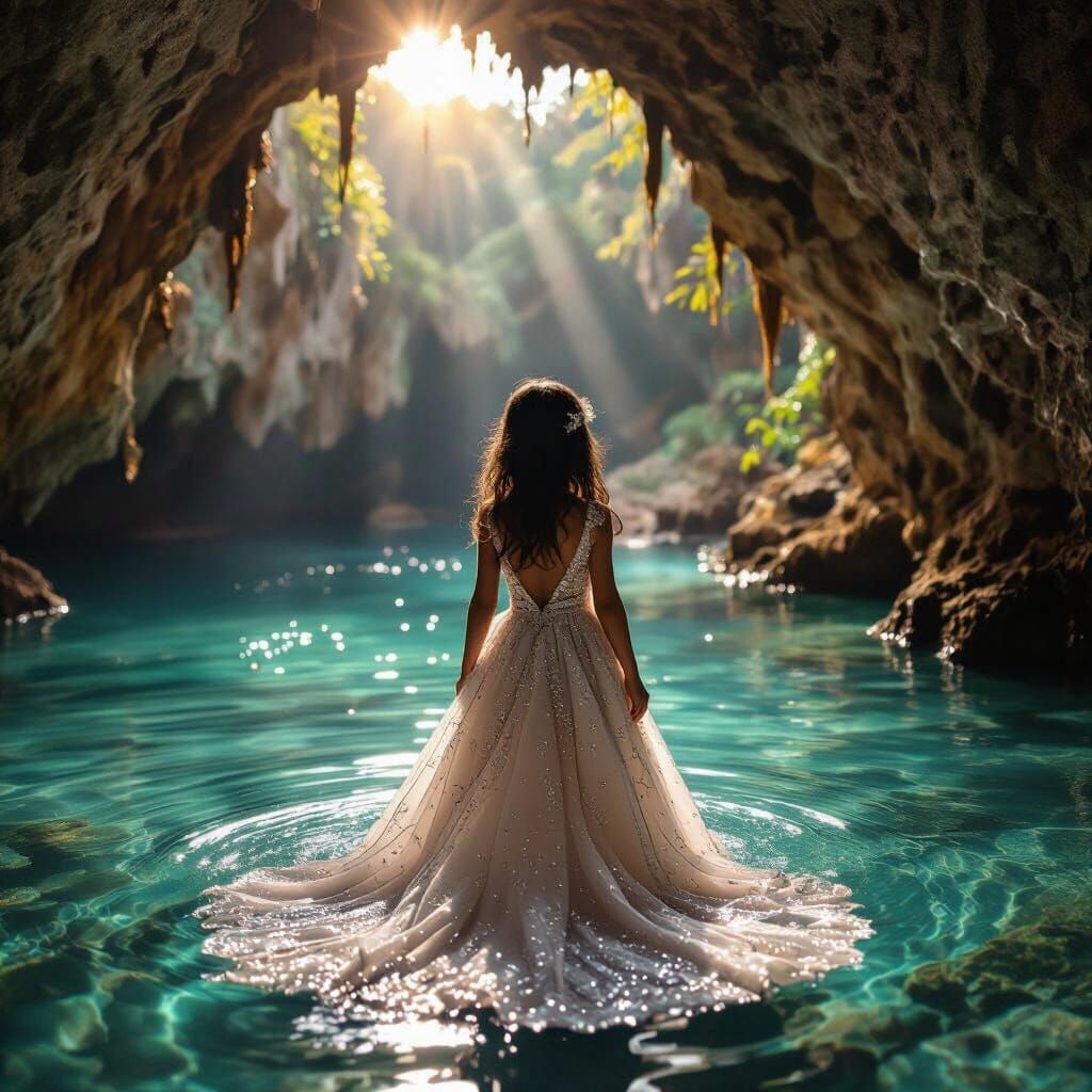 Girl in Cenote Palace with Crystalline Rain