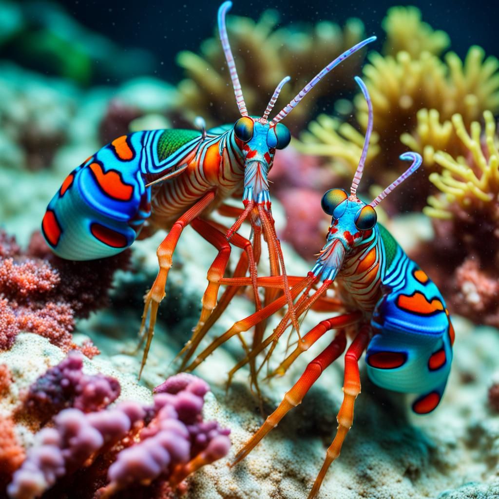 Peacock Mantis Shrimp Fight in Coral Reef