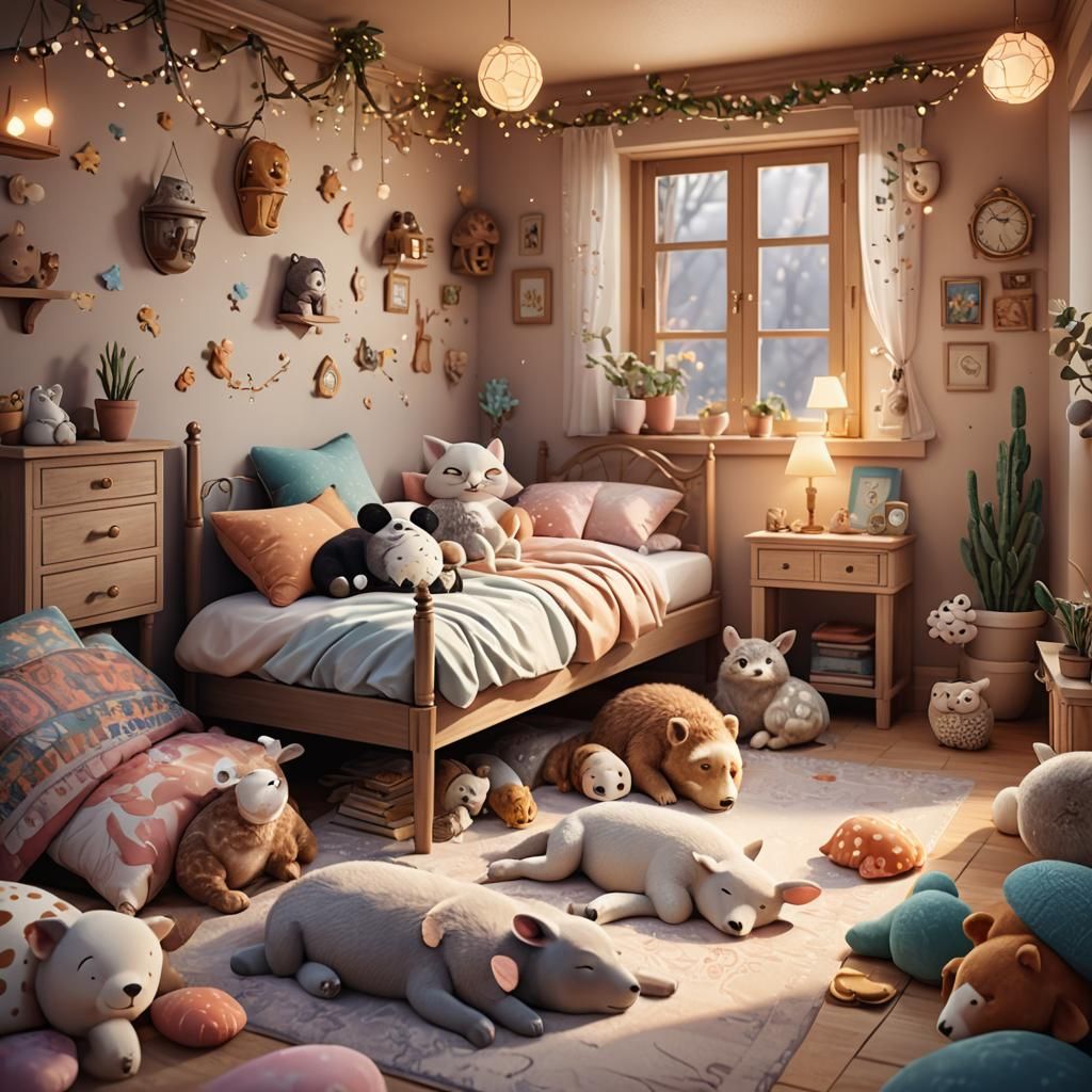 Cozy Bedroom Scene with Sleeping Animals