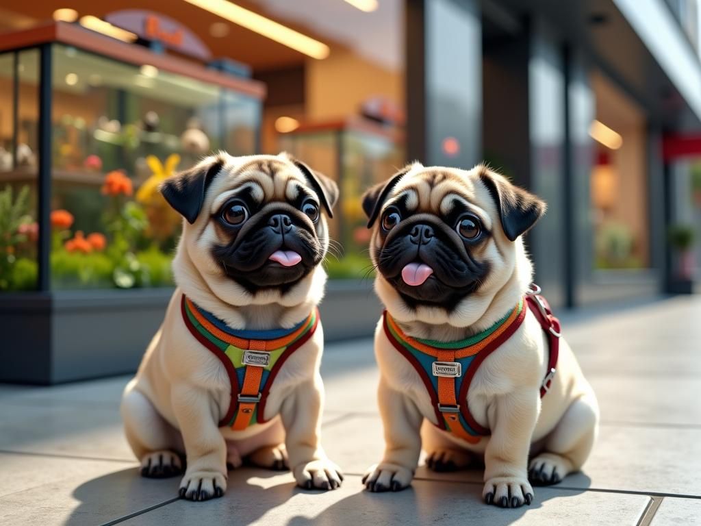 Pugs Await Treats Outside Pet Store