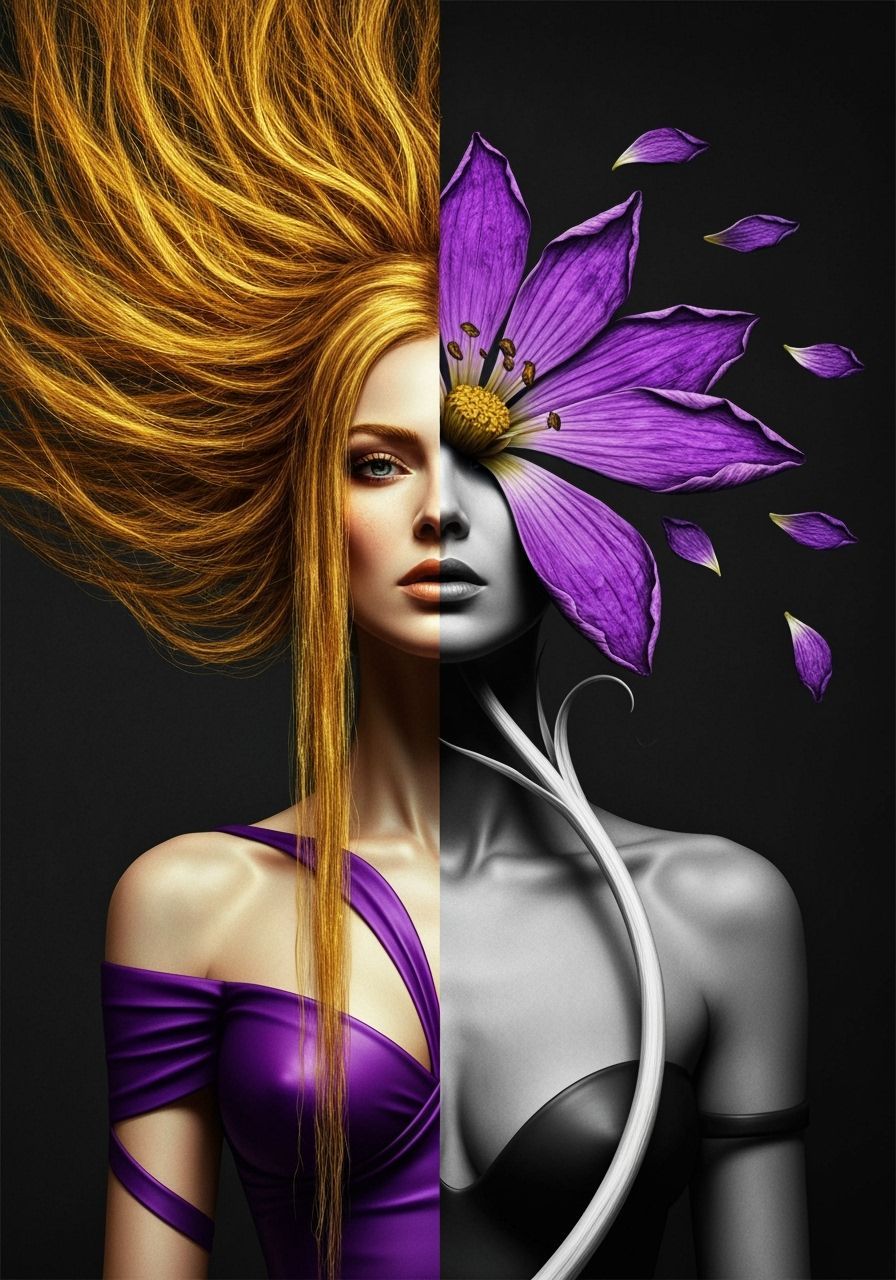 Surreal Geometric Split: Golden Beauty vs Withered Flower
