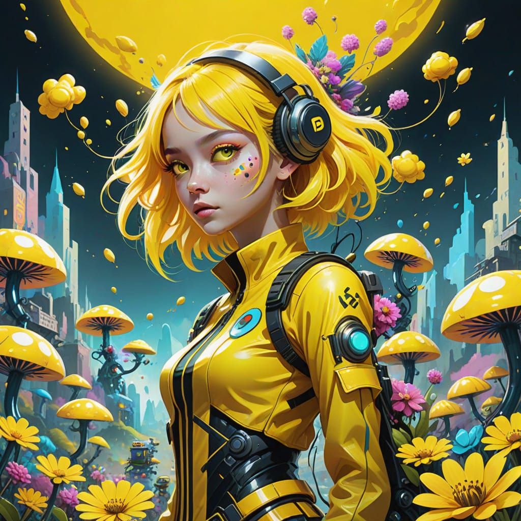 Vibrant Woman in Yellow Dreamscape