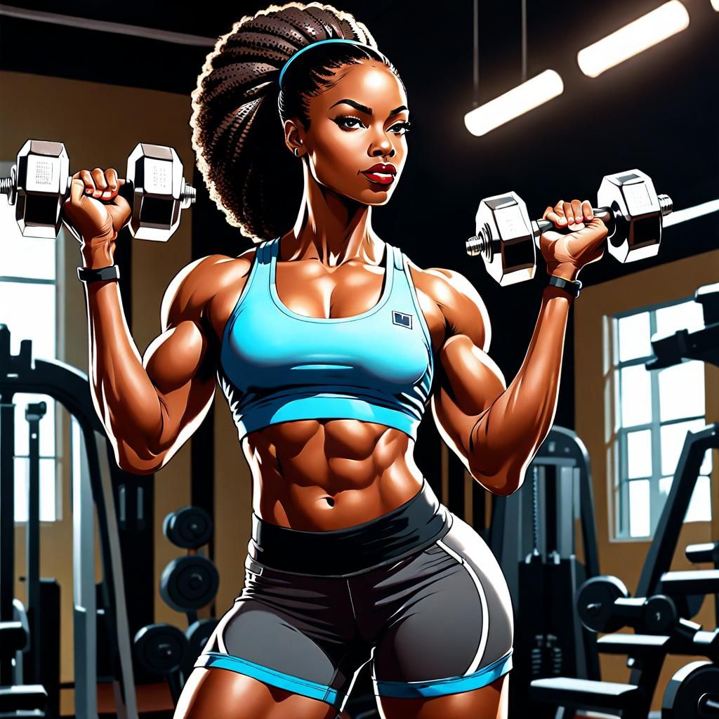 African-American Woman Lifting Weights, Comic Art