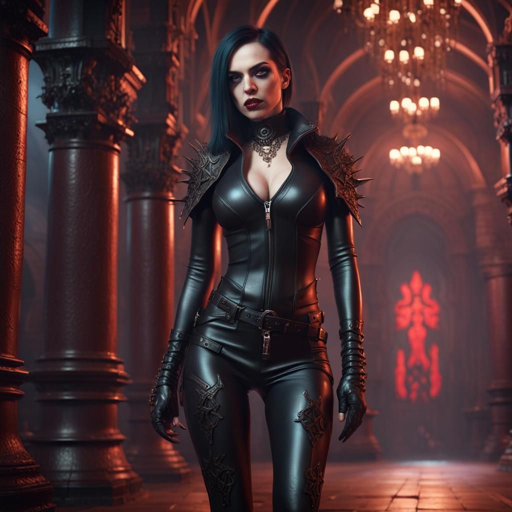 Gothic Woman in Leather Outfit: Digital Art