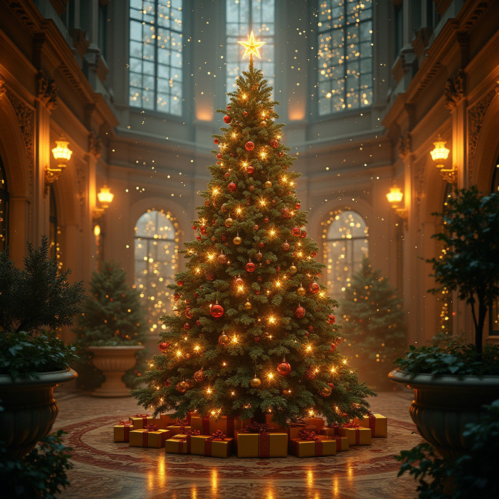 Majestic Christmas Tree with Ornaments in Hyperrealistic Sty...