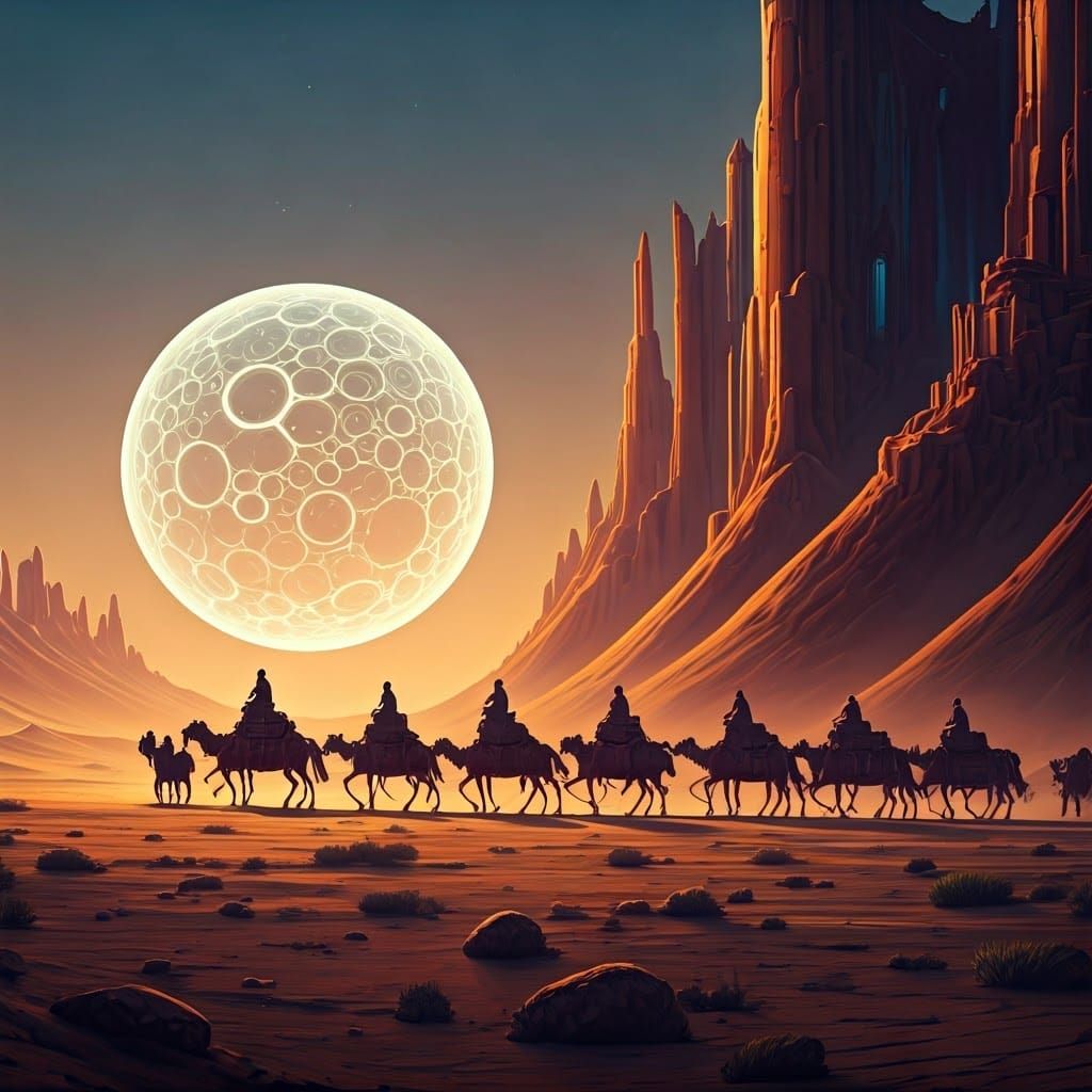 Desert Caravan with Glowing Orb, Dreamy Art