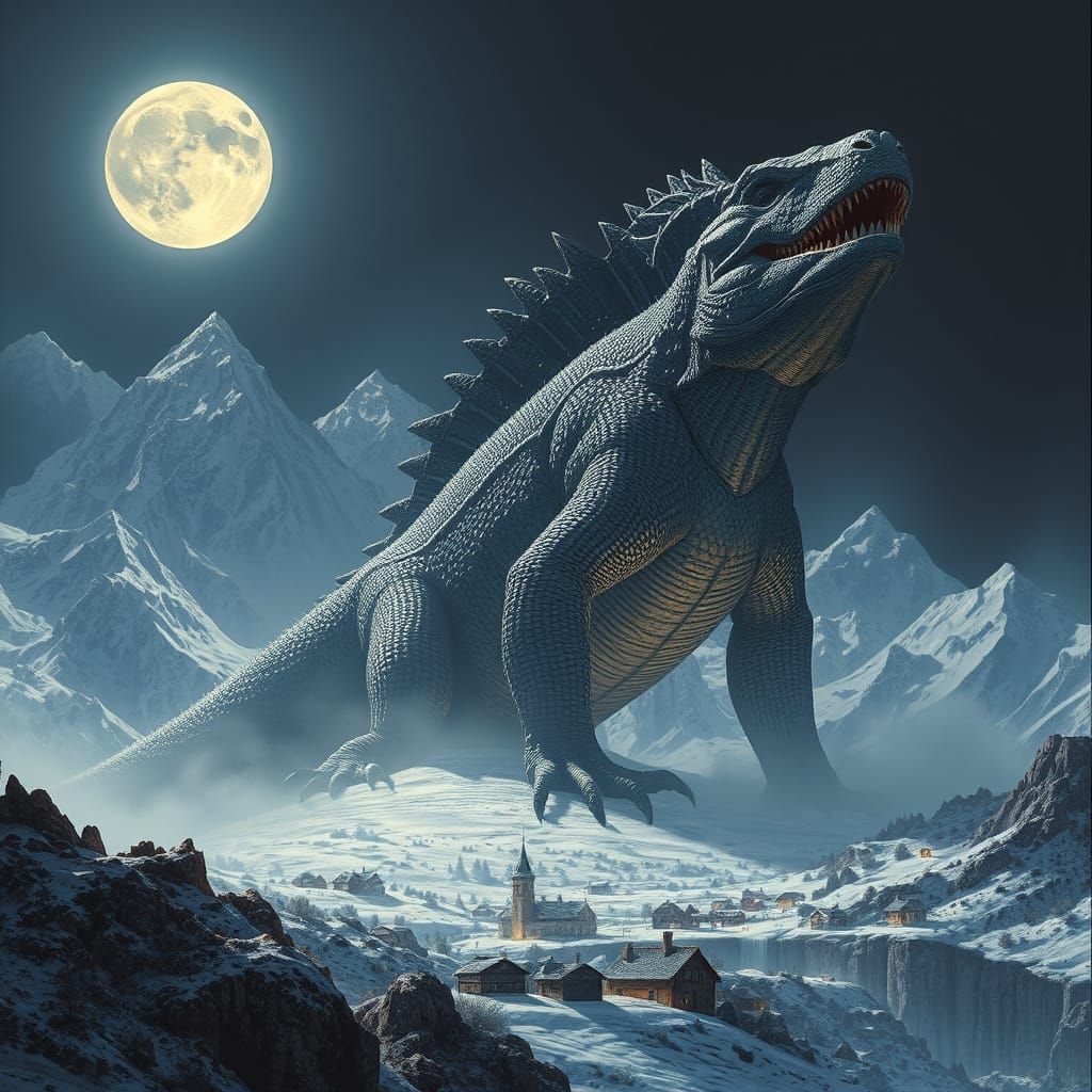 Colossal Obsidian Lizard Overlooks Mountain Villages