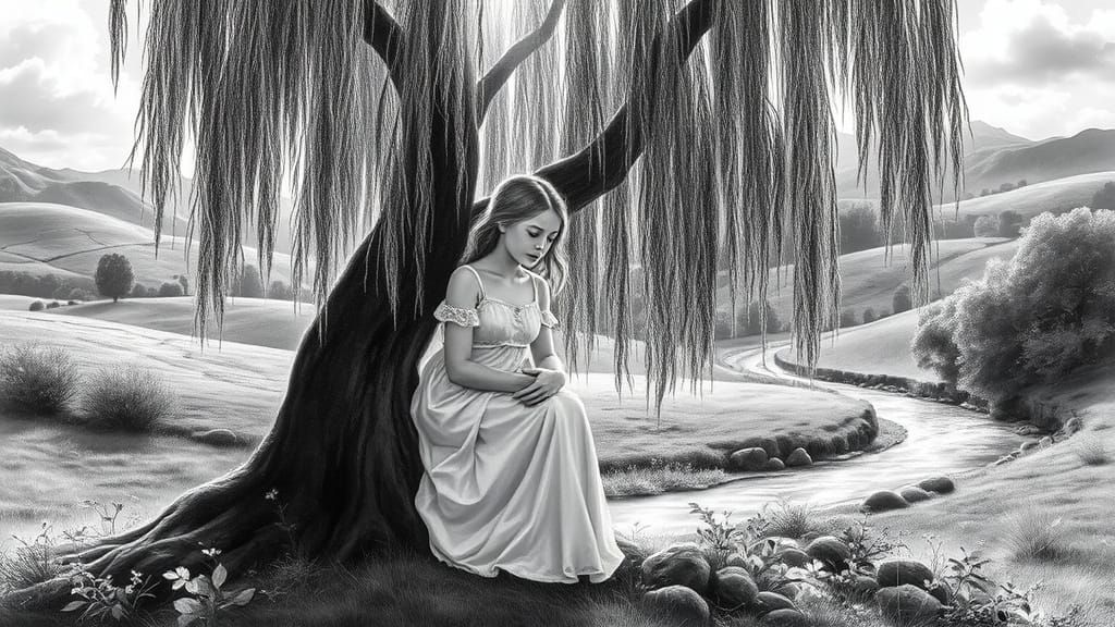 Weeping Girl Under Willow Tree: Watercolour Art