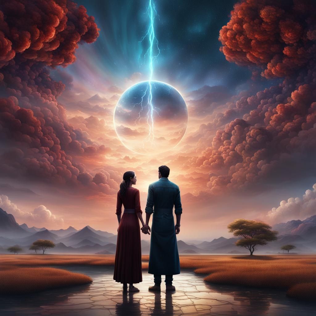 Mystical Sky Backdrop with Man and Woman in Detailed Paintin...