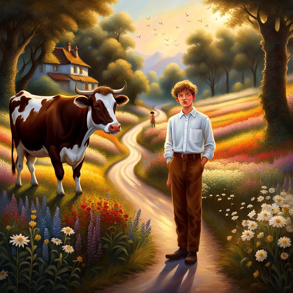 Boy and Cow on Flower Road: European Folk Art