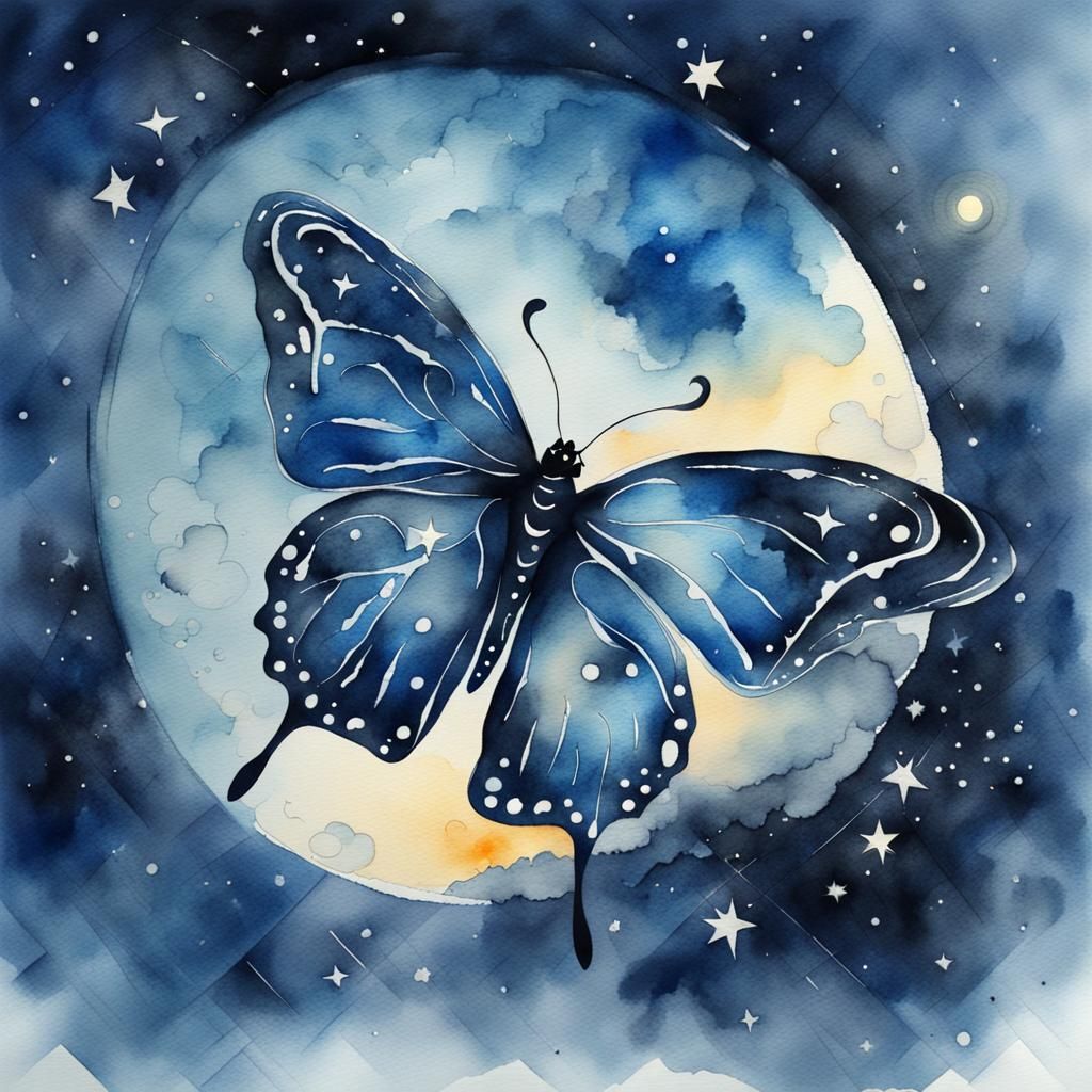 Mystical Watercolor Butterfly Under Full Moon