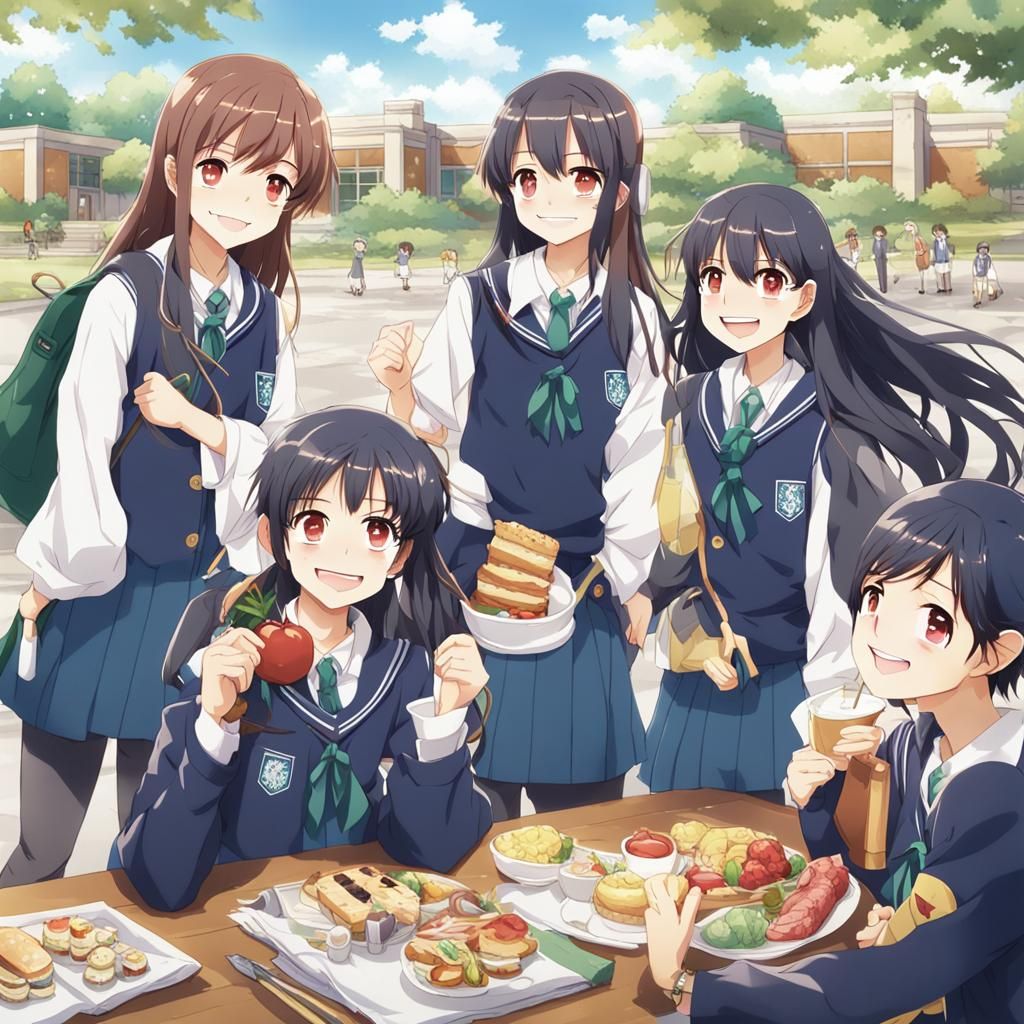 Smiling Girl with Friends: Anime-Inspired Art