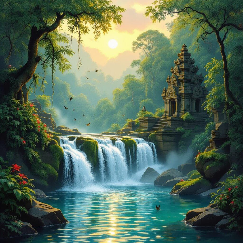 Majestic Waterfall in Lush Jungle with Ancient Temples